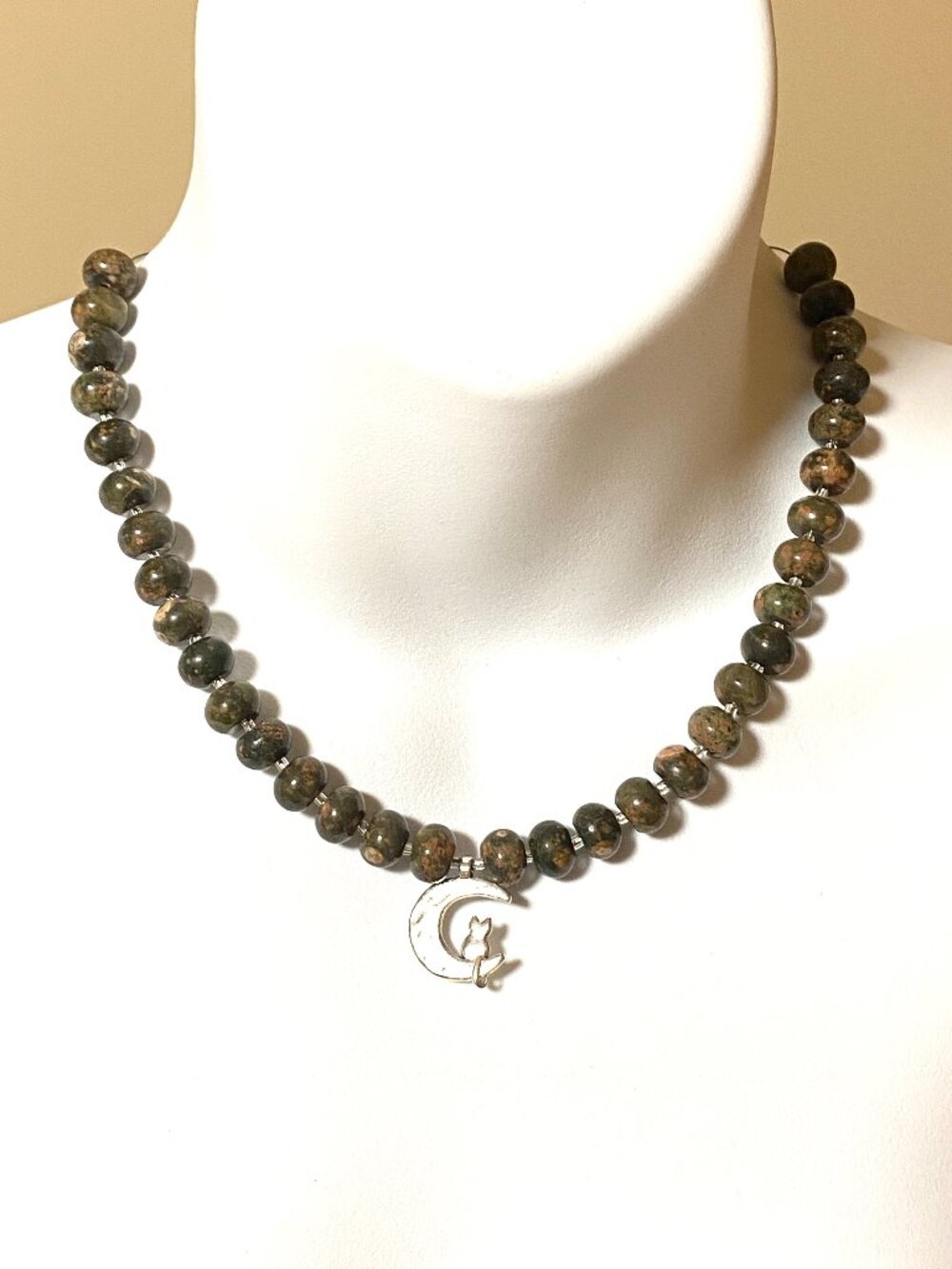 Earthy Unakite Short Necklace, Natural Gemstone & Silver Cat on the Moon Pendant